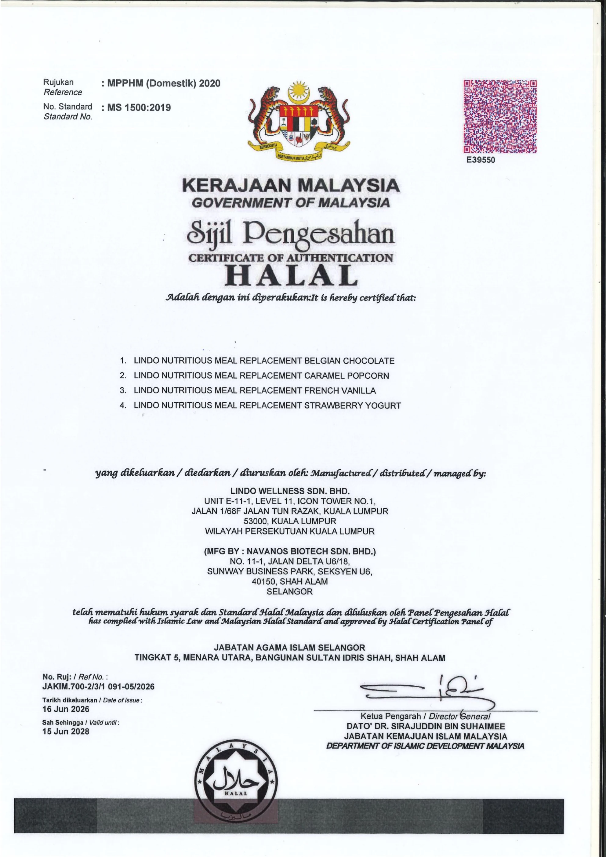 Government of Malaysia Halal Certificate of Authentication for four Lindo Nutritious Meal Replacement flavours